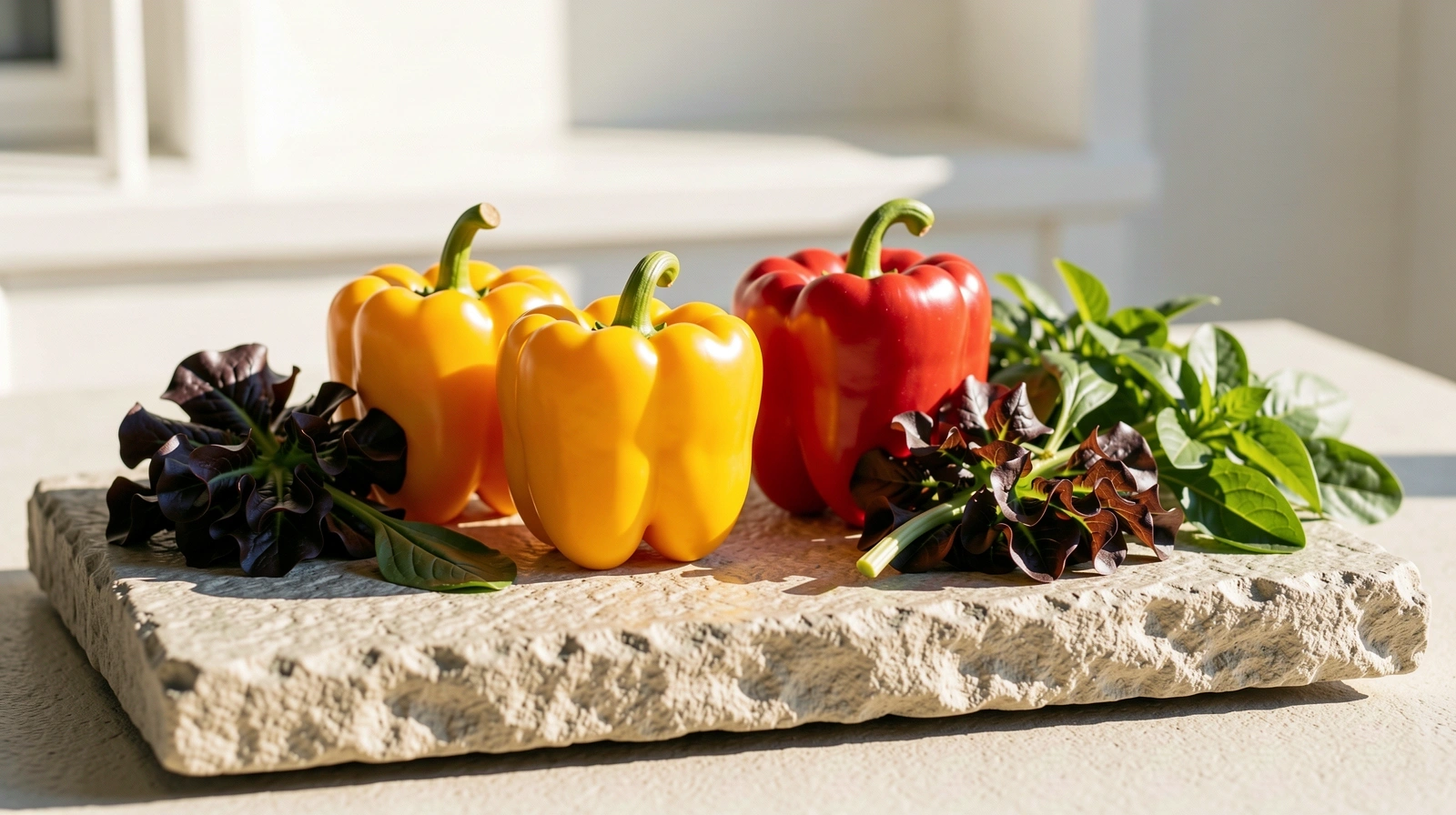 Vegetales frescos y coloridos sobre una mesa de piedra