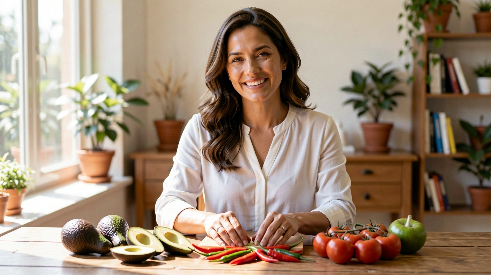 Nutricionista en entorno natural con alimentos frescos